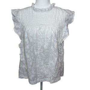 CUPIO White Floral Jacquard Sleeveless Ruffle Neck Babydoll Top Sz L Summer New